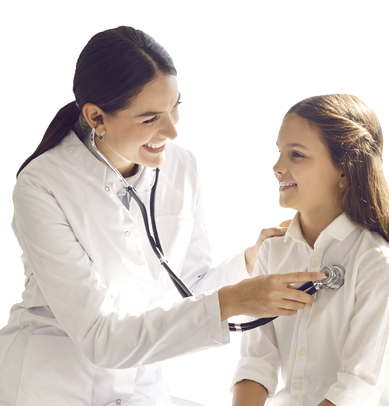 Happy child smiling while doctor is examining her lungs or heart during medical checkup